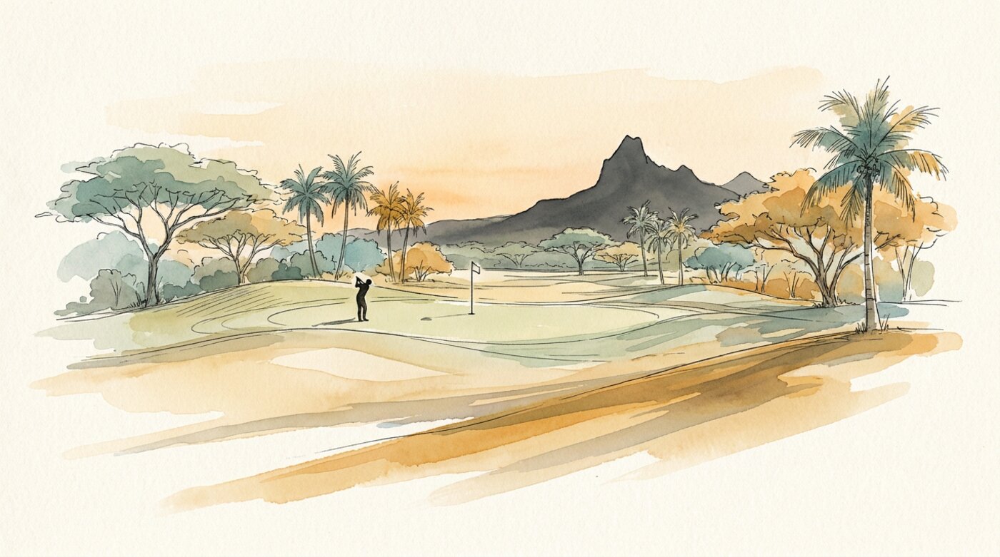 Tamarina Golf hole with Mount Rempart